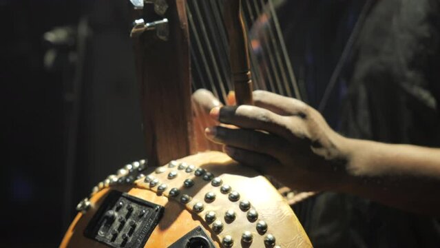 Black man playing typical african instrument on stage (kolondjo)