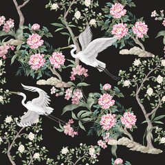 Chinoiserie seamless pattern with peonies trees and herond. Vector. - 755119858