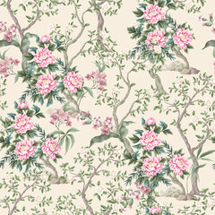 Chinoiserie seamless pattern with peonies trees and flowers. Vector. - 755120209