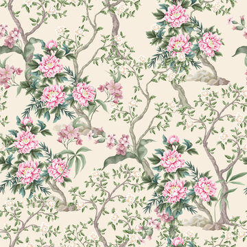Chinoiserie seamless pattern with peonies trees and flowers. Vector.