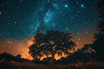 Tree Silhouetted Against Starry Night Sky