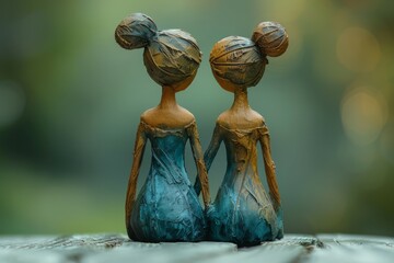 Two Female Figurines Sitting on Wooden Table