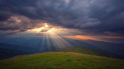 Obraz premium the sun shines through the clouds above a grassy field on top of a hill in the distance, with mountains in the distance.