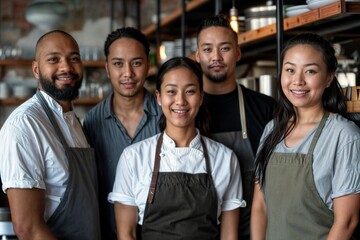 Diverse Group of Hospitality Employees Standing in Hotel Restaurant - obrazy, fototapety, plakaty