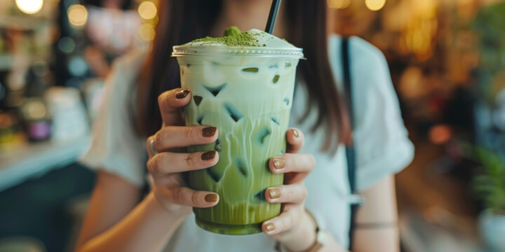 A woman's hand is holding a plastic cup filled with a green matcha latte with a blurred background