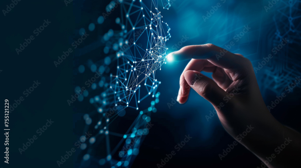 Poster a hand pointing at a network of lines. concept of technology and the interconnectedness of the world