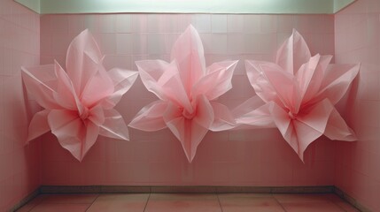 three pink paper flowers hanging from a pink wall in a pink tiled room with a pink tiled floor and a pink tiled wall.