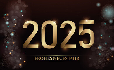 Karte oder Banner, um ein frohes neues Jahr 2025 zu wünschen, in Gold auf schwarzem Hintergrund und auf jeder Seite Sterne und Kreise in verschiedenen Farben im Bokeh-Effekt