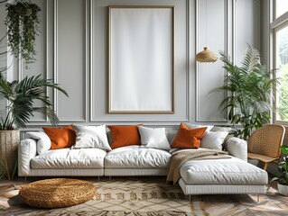 Frame mockup of a wall blank frames in living room with couch, sunlight and shadow from the window,