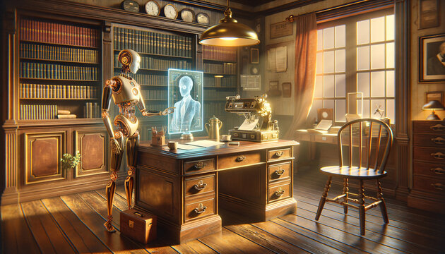 Vintage-inspired office scene with AI technology and tranquil chromatics