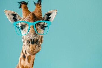 portrait of a giraffe wearing turquoise blue glasses on a pastel turquoise background. empty space for text. Africa. Banner. - obrazy, fototapety, plakaty
