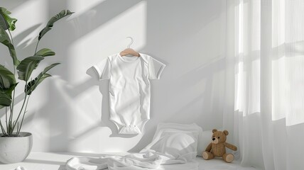 a cute white onesie mock-up set against a pristine white background, adorned with a cuddly teddy bear for added sweetness.