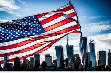 A large American flag is flying high above a city skyline