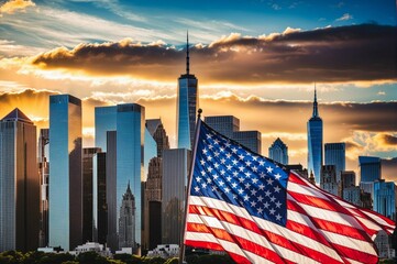 A large American flag is flying high above a city skyline