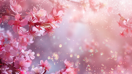 Sakura flowers with pink glitter background. Cherry blossom with copy space.