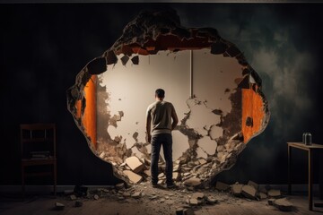 in the wall of the room there is a huge broken hole, a frightened confused man stands near this hole and carefully looks into it with apprehension
