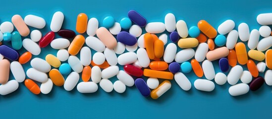 A collection of vibrant pills and capsules arranged in a circular pattern on an electric blue surface, resembling a creative art installation piece