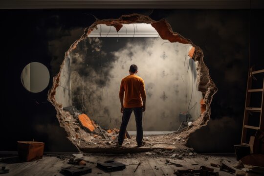 in the wall of the room there is a huge broken hole, a frightened confused man stands near this hole and carefully looks into it with apprehension
