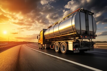 Rear view of big metal fuel tanker truck in motion on the highway shipping fuel to oil refinery against sunset sky. - obrazy, fototapety, plakaty