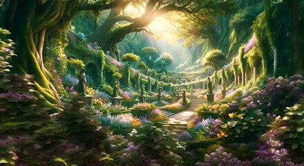 Enchanted forest pathway with lush flora and mystical atmosphere