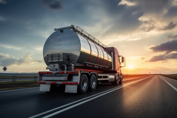 Rear view of big metal fuel tanker truck in motion on the highway shipping fuel to oil refinery against sunset sky.