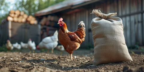 A vibrant scene with a rooster and hens near a sack on the ground in a traditional rural farm setting
