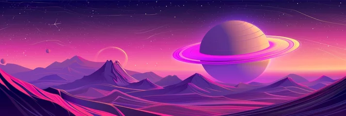 Gordijnen A mountain landscape on an alien planet with a planet in space. Pink and purple wallpaper background illustration. © Simon
