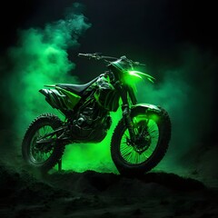 Green Motocross in dark room and green light