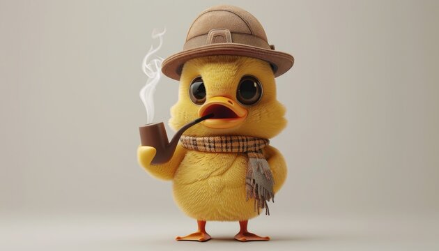 a detective baby duck in standing posture, donning a detective's cap, holding a smoking pipe, exuding calmness and mystery.