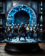 Viking warriors entering a blue portal in unique style on a geek room table