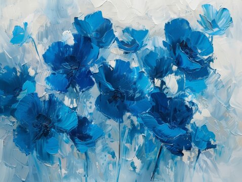 A detailed painting of vibrant blue flowers arranged in a glass vase, showcasing delicate brushstrokes and shades of blue.