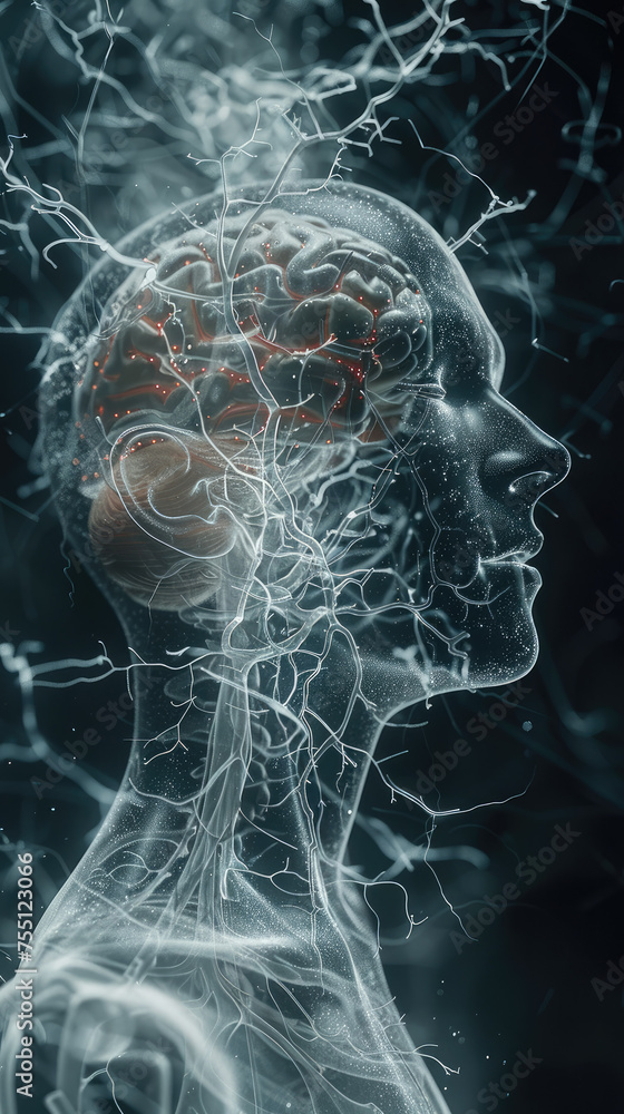 Poster negative emotion in the head in the human nervous system, x-ray 3d rendering. generative ai.