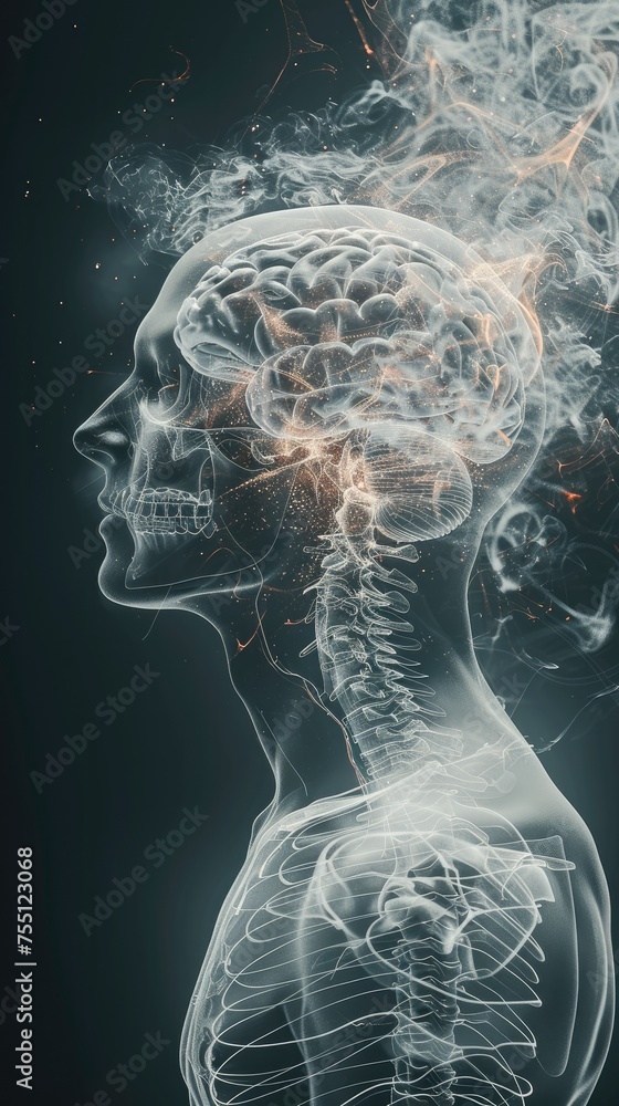 Poster negative emotion in the head in the human nervous system, x-ray 3d rendering. generative ai.