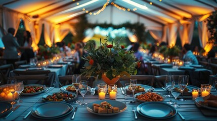 Many people around the tables enjoying food and drinks. Generative AI.