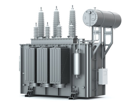 Black three-phase electricity transformer with oil tank isolated on white background. 3d render