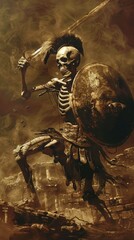 a skeletal gladiator fighting with a sword and a shield
