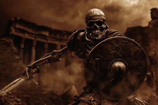 a skeletal gladiator fighting with a sword and a shield
