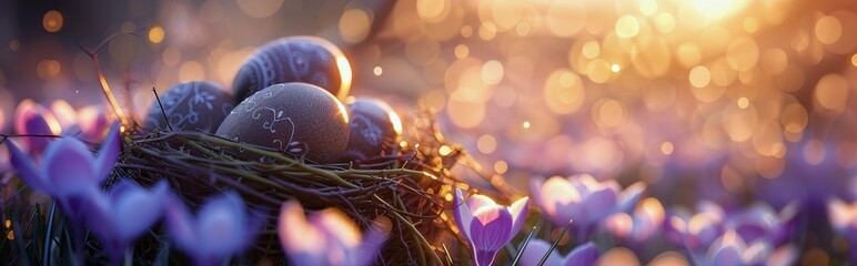 Group of Eggs on Purple Flowers