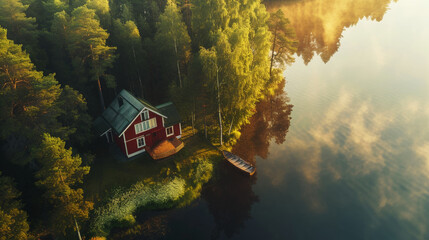 Cozy wooden cabin by the shore of a forest lake with a boat. - obrazy, fototapety, plakaty