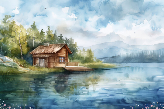 Cozy house with spring flowers and blue lake. Watercolor illustration.