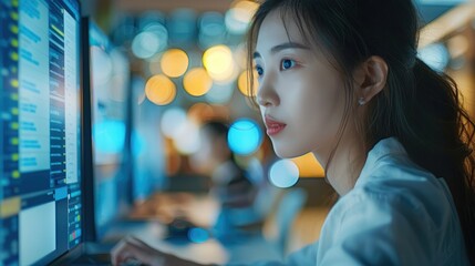 Asian teacher woman use computers and touch on virtual screen, fill out survey forms online and answer questions of the test. Generative AI. - 755123802