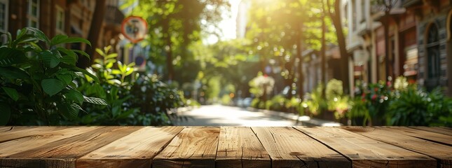 Sun-kissed wooden table with a lively, blurred city garden background, capturing the essence of a tranquil urban morning.