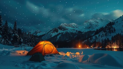 A ski tent at night. Generative AI.