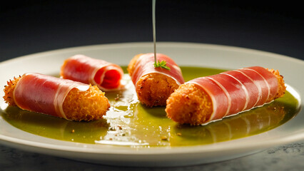 Illustration of a plate of ham croquettes, prepared in the typical style of Spanish cuisine, with a delicate presentation. Illustration generated with AI.