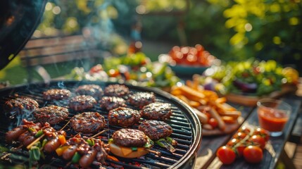 Grill With Hamburgers and Vegetables Cooking