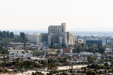 Scenic overlook view of the historic art deco Los Angeles County Hospital building.  