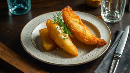 Illustration of a magnificent fish and potatoes dish, prepared in the typical style of traditional Spanish cuisine. Illustration generated with AI.