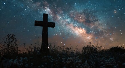 Cross on a Hill Under Starry Sky