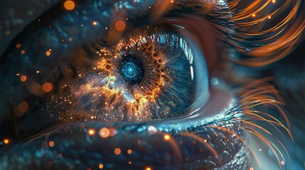 The visual similarity of the cosmic nebula and the iris of the eye with its intricate patterns and colors. Generative AI. - obrazy, fototapety, plakaty