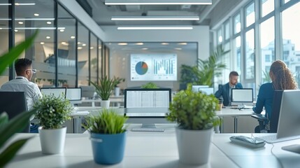 An elegantly designed modern office space, illustrating the contrast between internal and external accounting. a team of in-house accountants is deeply engaged in work. Generative AI. - obrazy, fototapety, plakaty